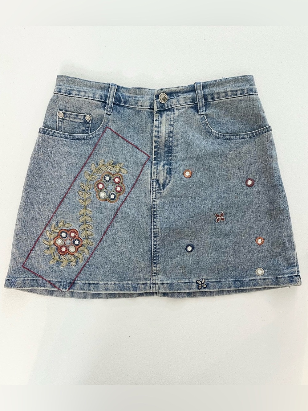Y2k Embroidered Mirror Work Boho Denim Mini Skirt | sz 28